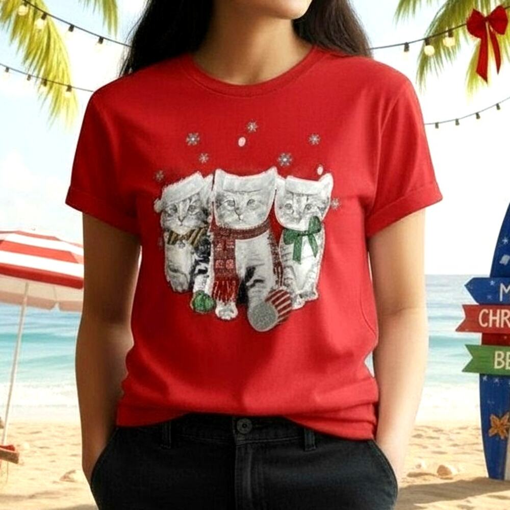 🧑🏻‍🎄🎄🐈Christmas Cat Tee Shirt Kittens Santa Hat Holiday Graphic Women’s XL